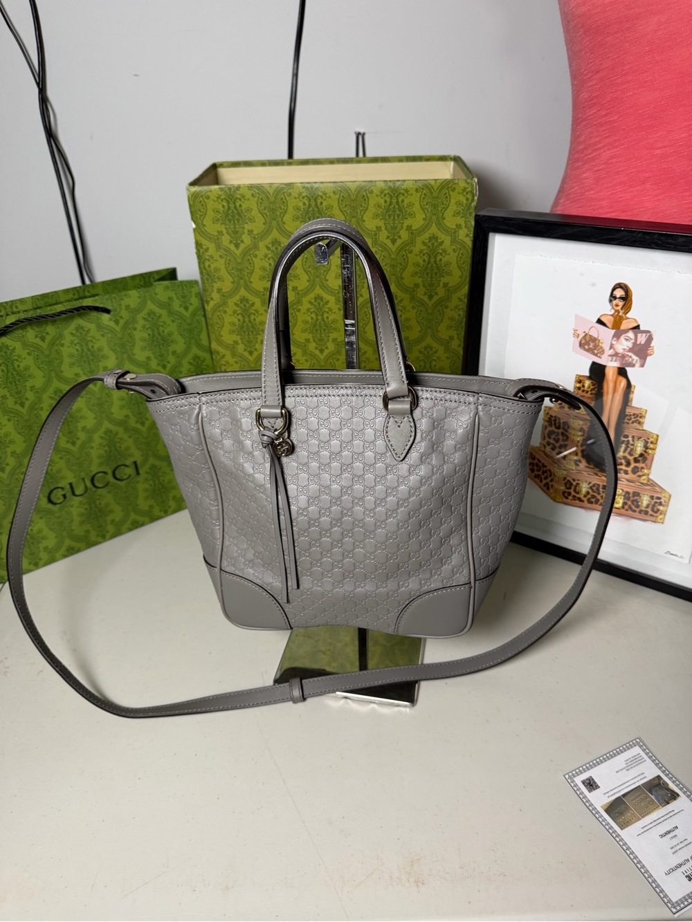 Gucci Microguccissima Bree Small Tote Gray Leather Crossbody Satchel Like New